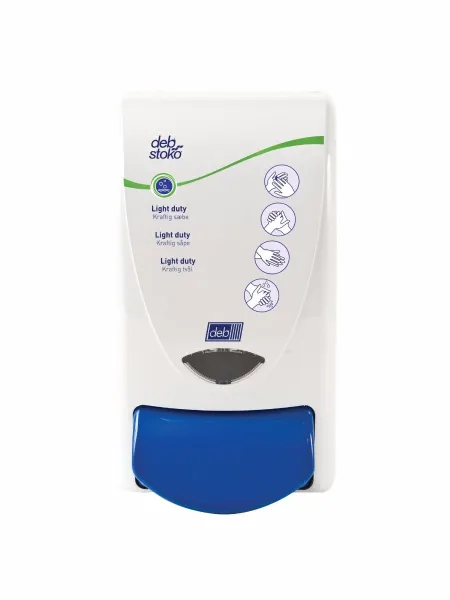Deb Stoko Cleanse Light dispenser til cremesæbe m. renseeffekt, hvid plast m. blå trykknap, 1 L