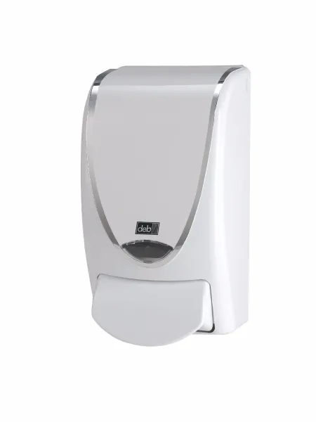 Deb Stoko White Silverline dispenser, i hvid plast m. sølvfarvet kant, 1 L